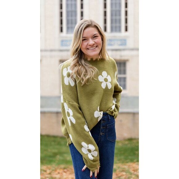 Hayden Sweaters - Hayden Distressed Floral Patterned Pullover Olive Green Oversized Sweater S